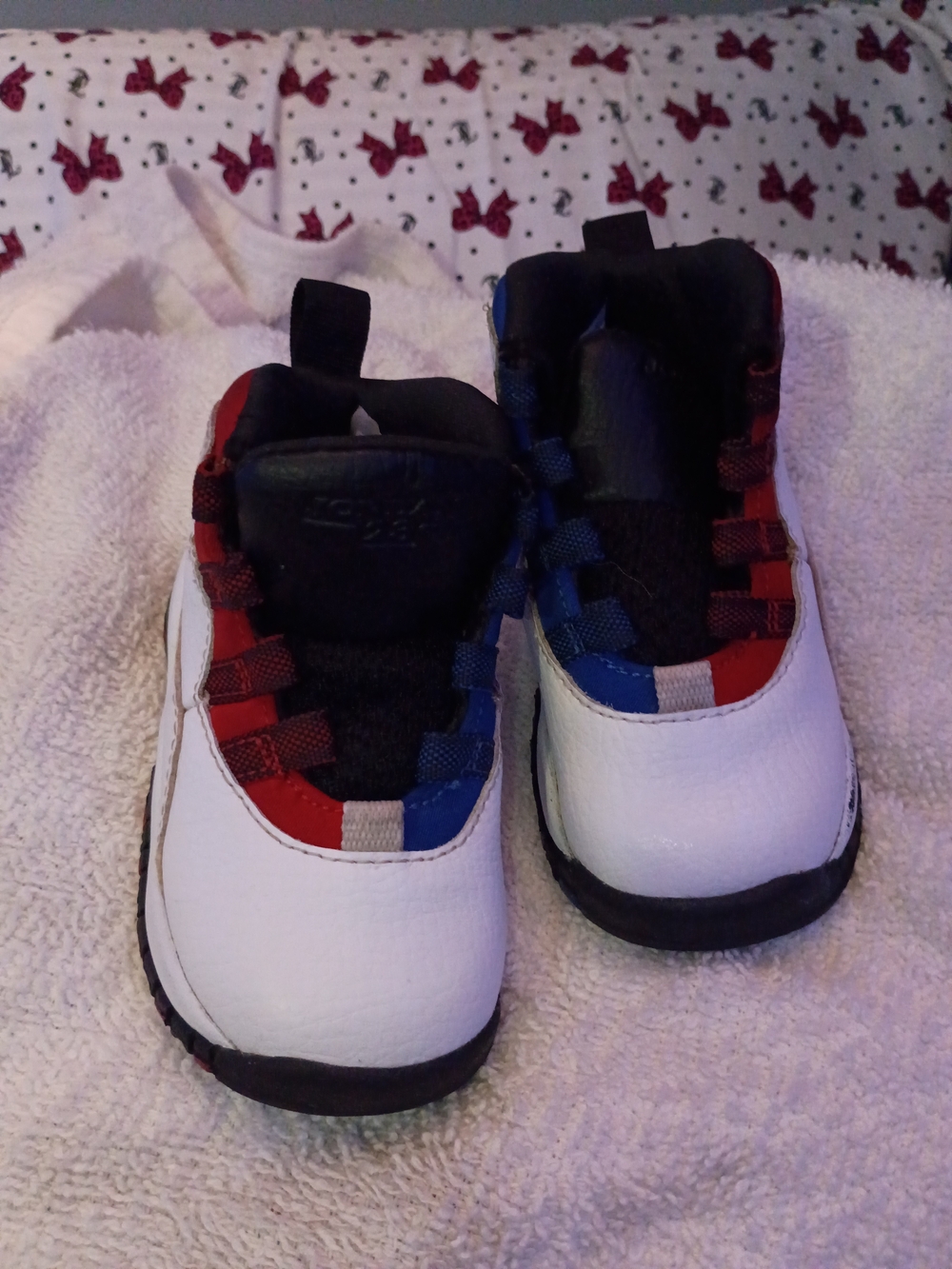 Kids Jordans White Sneakers with Red & Blue Accents